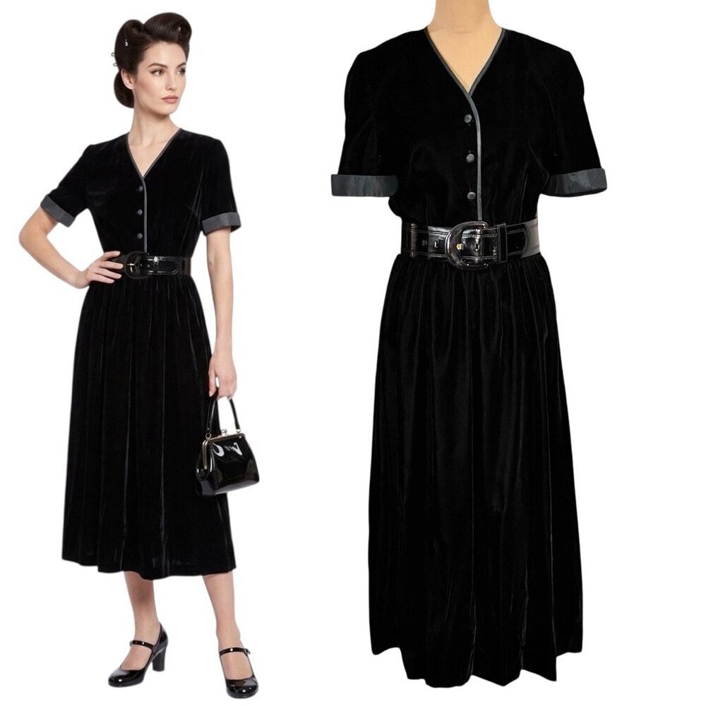 VTG 50s Retro Black Velvet Midi Dress Sz M Fit & Flare Buttons Goth Rockabilly